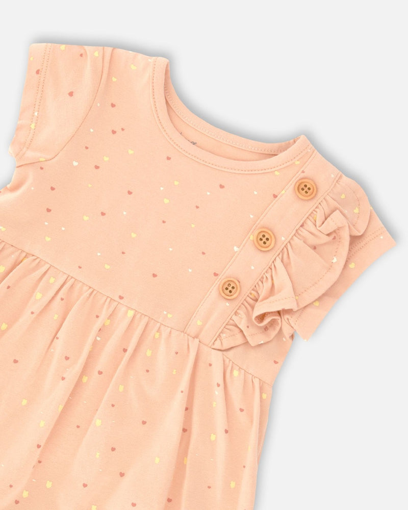 Barboteuse robe rose pêche avec imprimé de coeurs en coton biologique - Deux par Deux