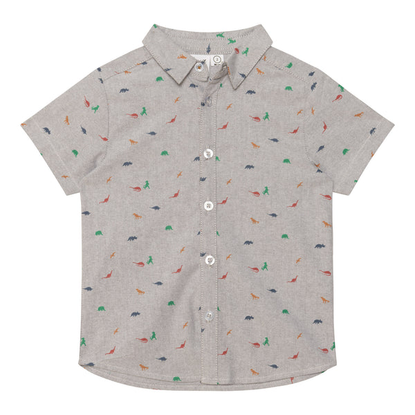 Chemise à manches courtes gris pâle chiné avec imprimé de mini dinosaures - Deux par Deux