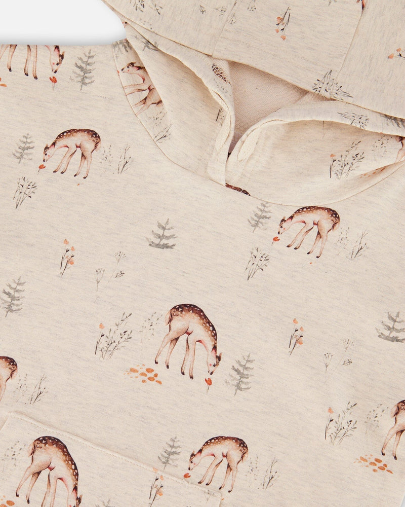 Robe à capuche en coton français Beige chiné avec imprimé de cerf - Deux par Deux