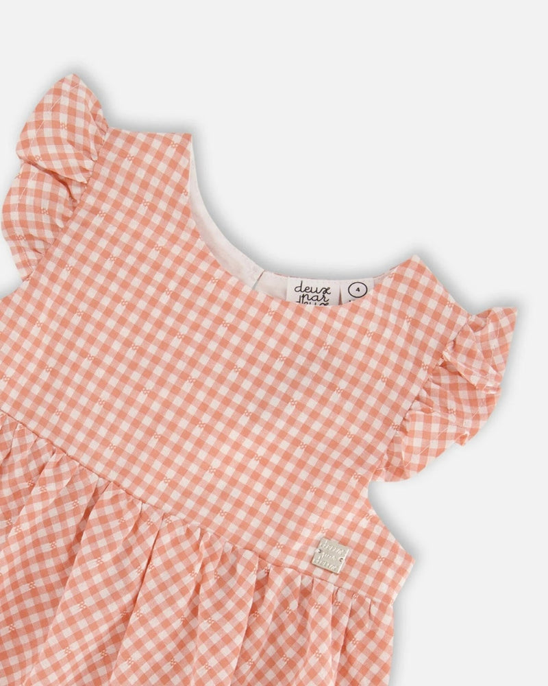 Robe paysanne à manches à volants vichy rose cendré - Deux par Deux