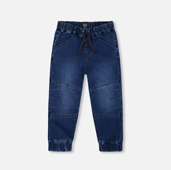 Pantalon Coupe Jogger En Denim Extensible Bleu Foncé - Deux par Deux