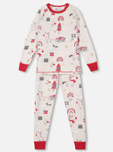 Pyjama deux pièces à manches longues en coton biologique beige chiné avec imprimé licornes de noël - Deux par Deux