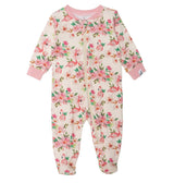 Pyjama une pièce en coton biologique gris avec imprimé fleurs et flamants - Deux par Deux