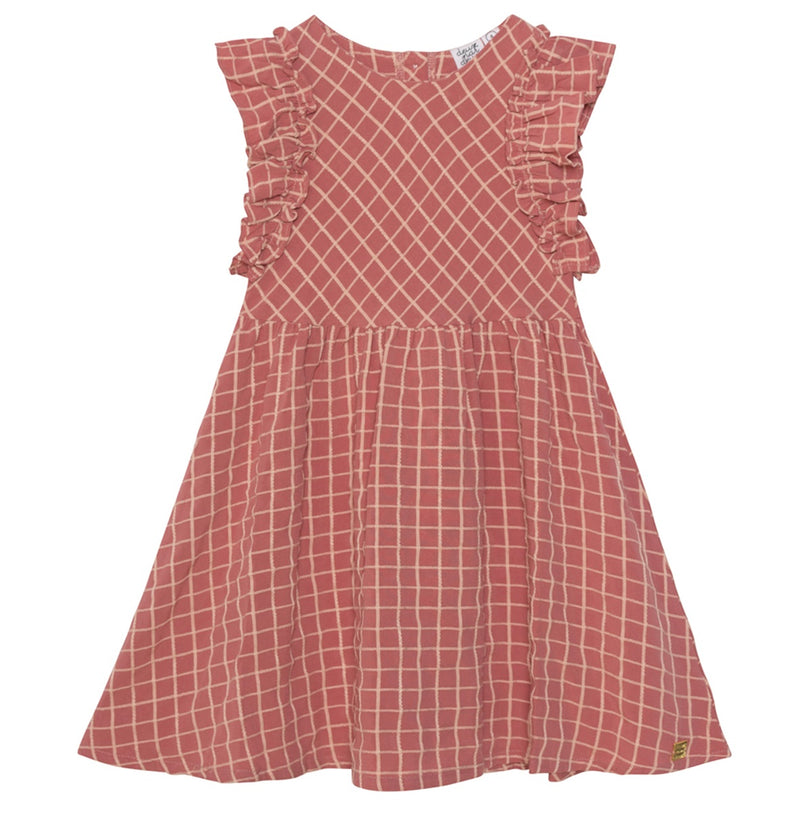 Robe à carreaux rose cannelle avec manches à volants - Deux par Deux