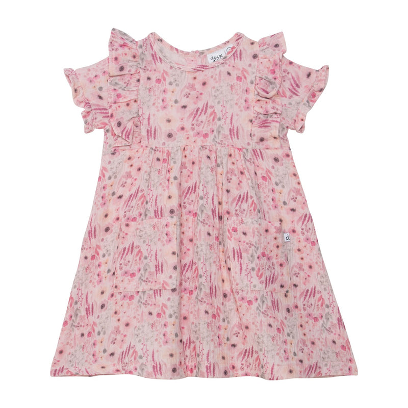 Robe sans manche rose imprimé de fleurs aquarelle avec volants - Deux par Deux