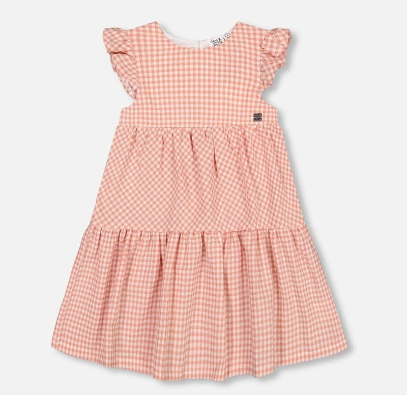 Robe paysanne à manches à volants vichy rose cendré - Deux par Deux