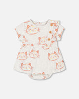 Barboteuse robe beige chiné avec imprimé de chats en coton biologique - Deux par Deux