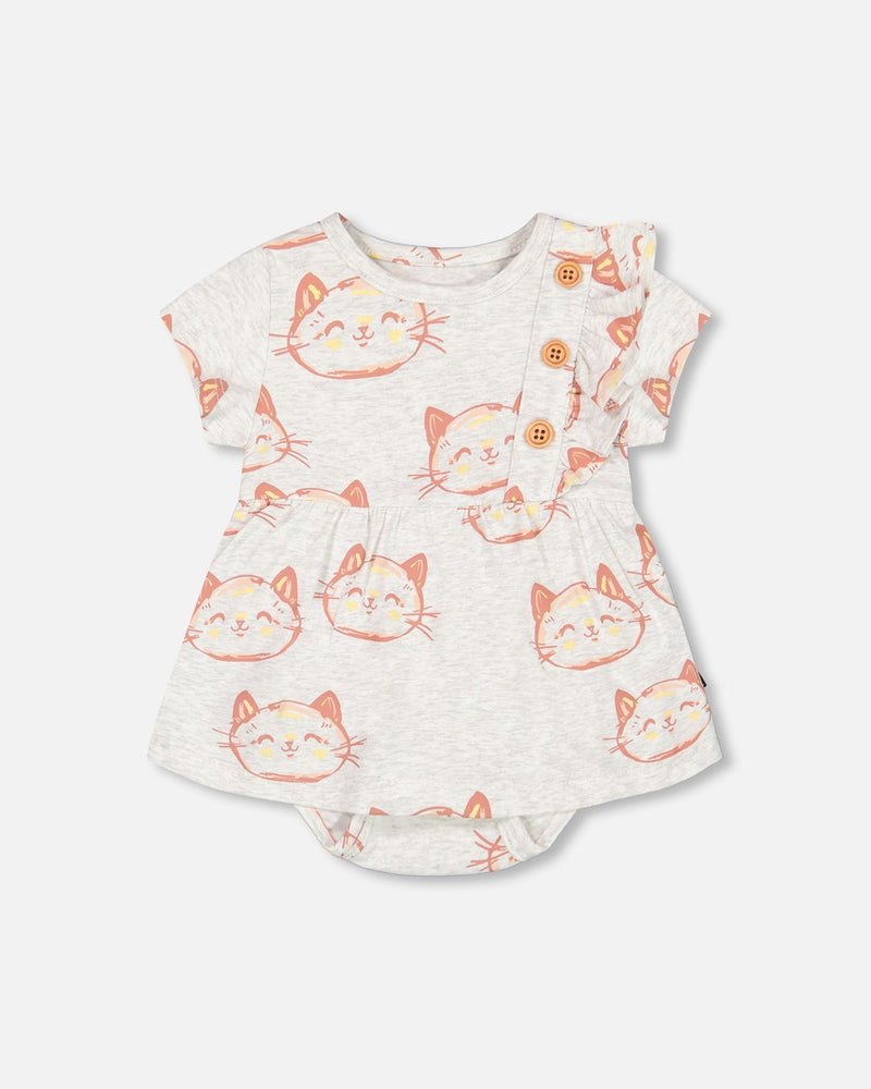 Barboteuse robe beige chiné avec imprimé de chats en coton biologique - Deux par Deux