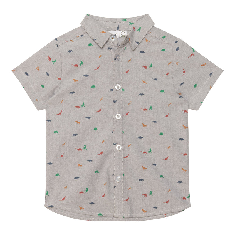 Chemise à manches courtes gris pâle chiné avec imprimé de mini dinosaures - Deux par Deux