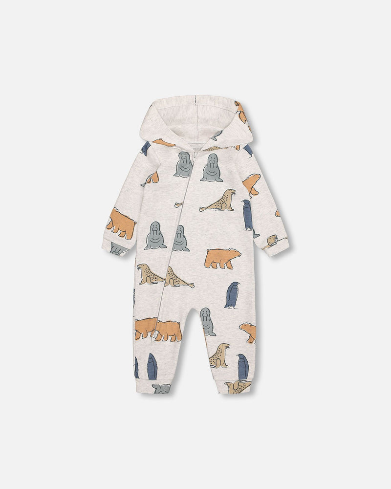 Combinaison 1 pièce en coton biologique beige chiné avec imprimé amis de l'arctique - Deux par Deux