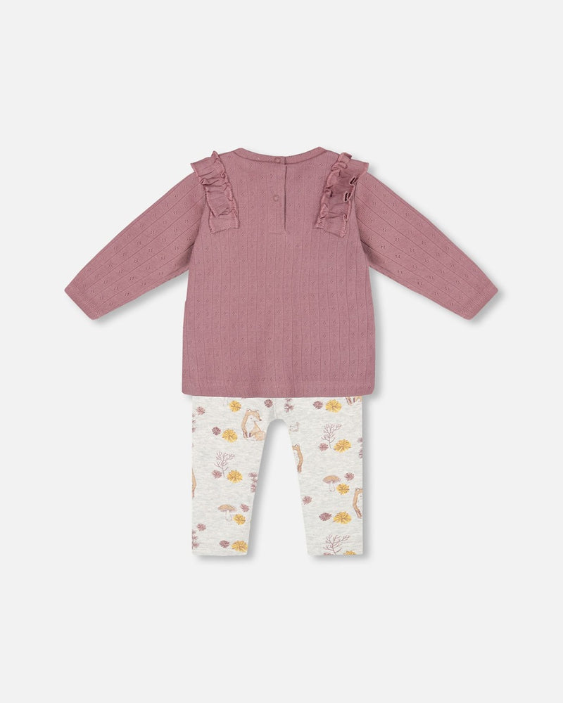 Ensemble haut en pointelle bois de rose et legging en coton biologique - Renards - Deux par Deux