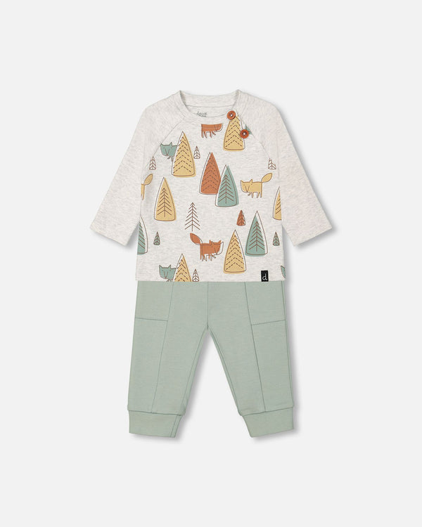 Ensemble haut beige chiné imprimé de petits renards et pantalon vert cendré en coton biologique - Deux par Deux