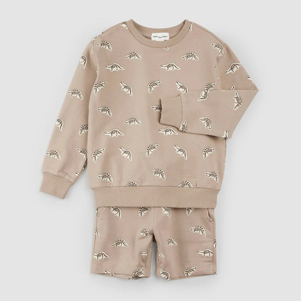 Ensemble Pull et Shorts Taupe à Imprimé Fossile de Dino - Miles the Label