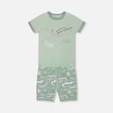 Ensemble Pyjama Court Deux Pièces en Coton Biologique Vert Sauge Clair et Crocodile Gris- Deux par Deux