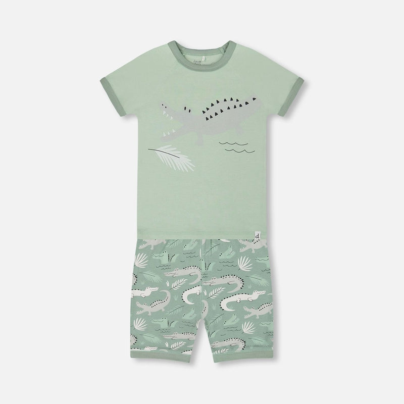 Ensemble Pyjama Court Deux Pièces en Coton Biologique Vert Sauge Clair et Crocodile Gris- Deux par Deux