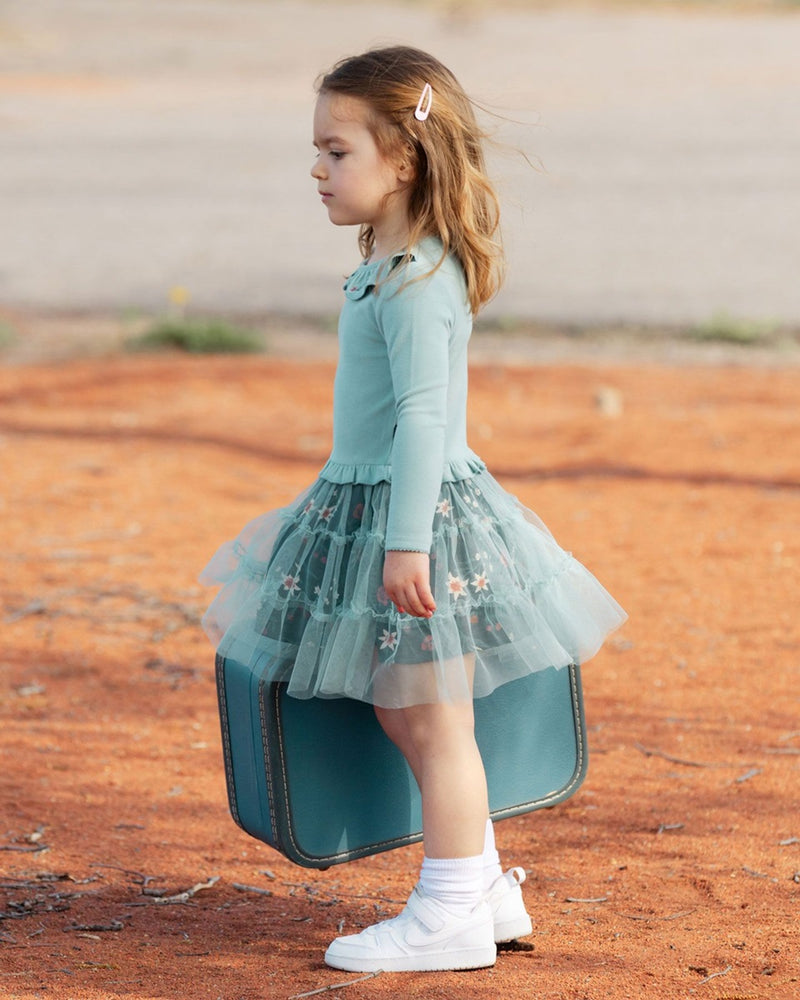 Robe Bi-Matière Avec Jupe En Tulle Et Mousseline Sarcelle Imprimé Fleurs - Deux par Deux