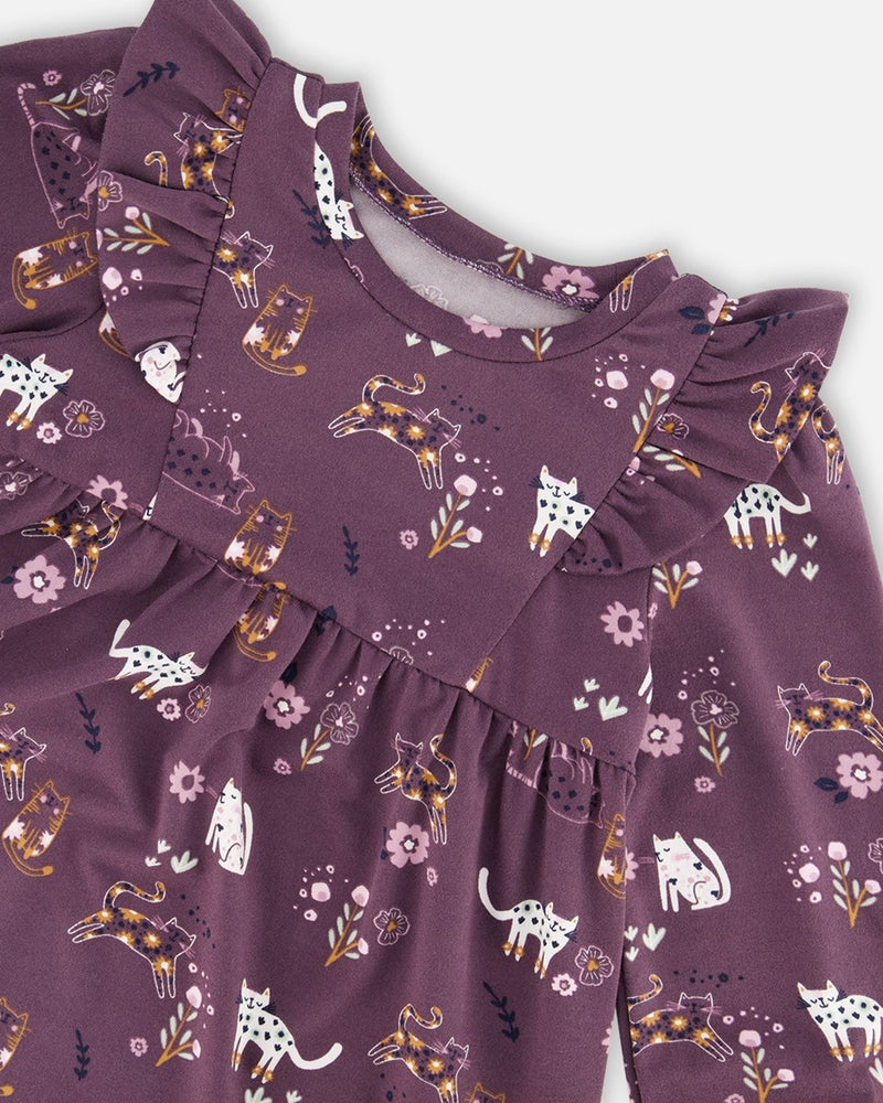 Robe à Volants Mauve à Imprimés de Chats - Deux par Deux