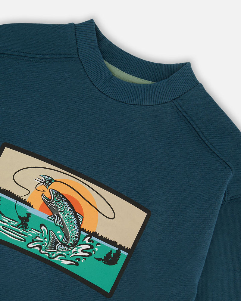 Pull French Terry à Imprimé Graphique Bleu Sarcelle et Pêche - Deux par Deux