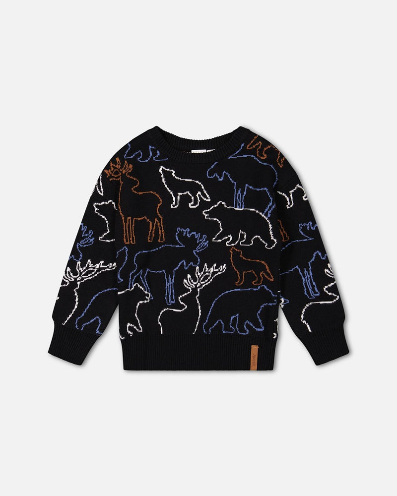 Sweatshirt noir avec intarsia d'animaux de la forêt - Deux par Deux