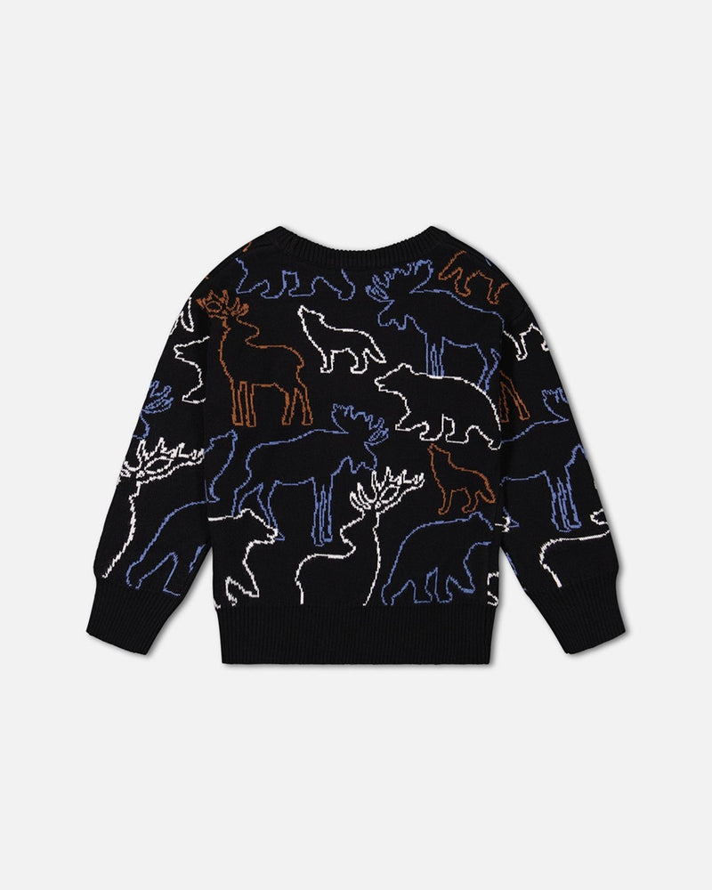 Sweatshirt noir avec intarsia d'animaux de la forêt - Deux par Deux