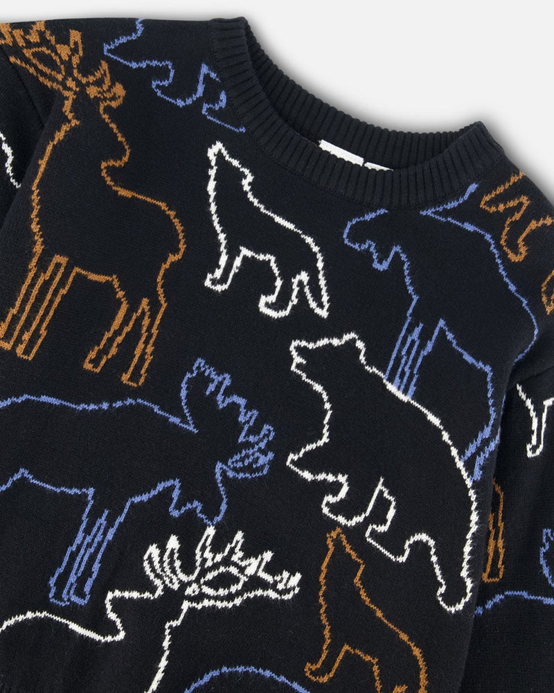 Sweatshirt noir avec intarsia d'animaux de la forêt - Deux par Deux