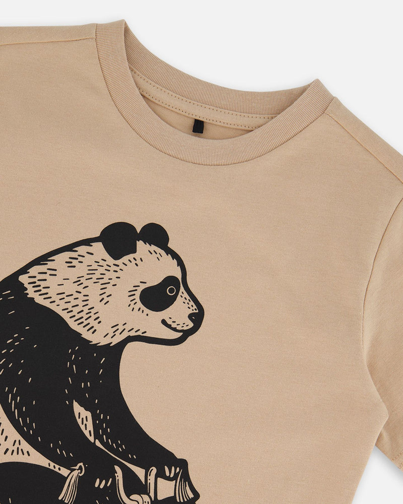 T-shirt Graphique en Coton Biologique Panda Noir sur Fond Beige - Deux par Deux