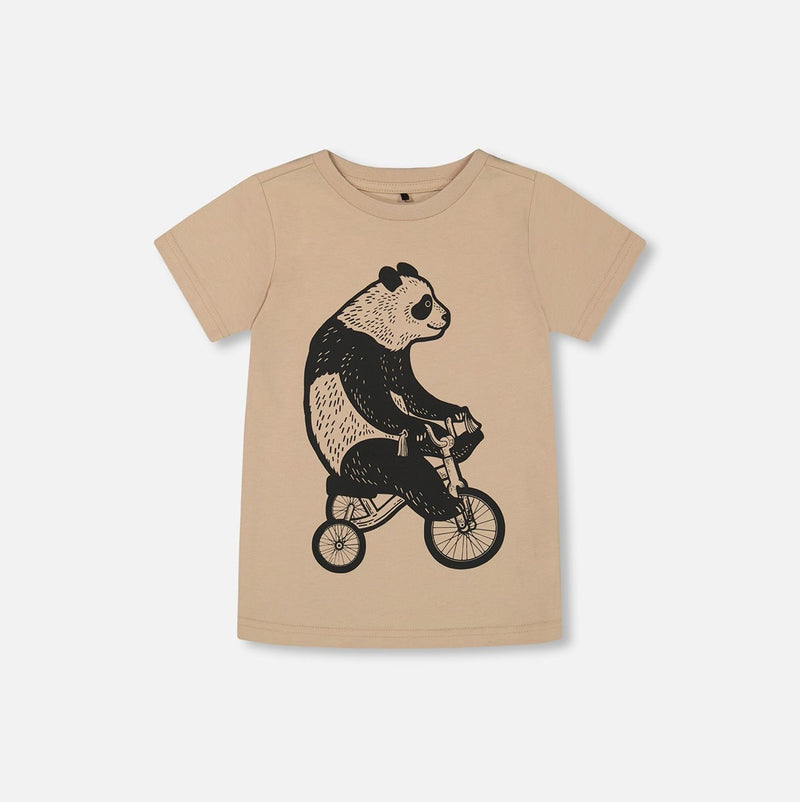 T-shirt Graphique en Coton Biologique Panda Noir sur Fond Beige - Deux par Deux