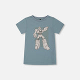 T-shirt Graphique en Coton Biologique Bleu Sarcelle Grisâtre et Robot - Deux par Deux