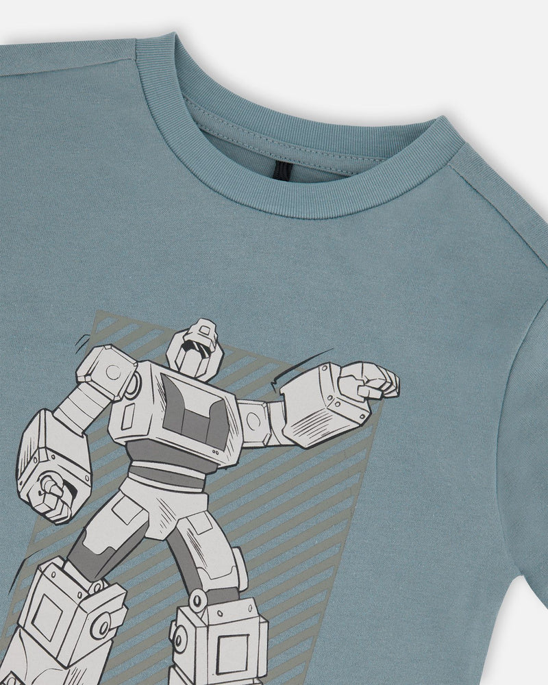 T-shirt Graphique en Coton Biologique Bleu Sarcelle Grisâtre et Robot - Deux par Deux