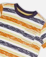 T-shirt en Coton Biologique Imprimé à Rayures Bleu Marine, Orange et Vert Citron - Deux par Deux