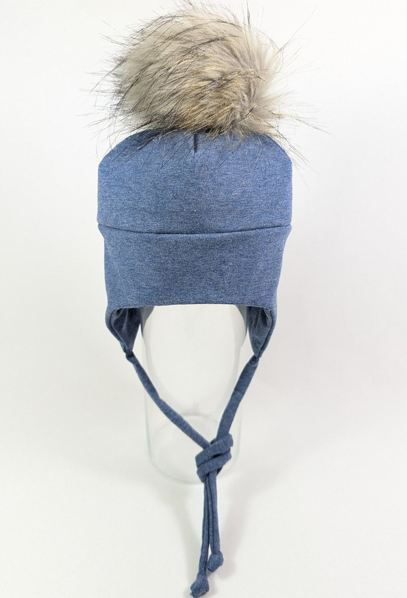 Tuque de coton Bleu Acier à oreilles avec pompon - Tirigolo