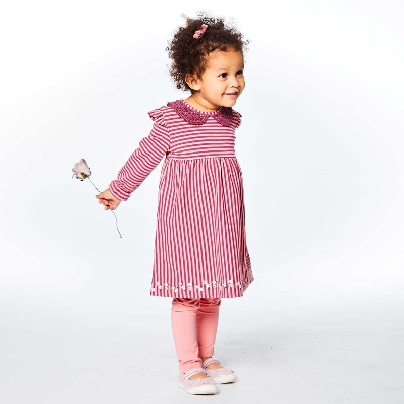 Robe à manches longues rayée avec volants bourgogne et rose - Deux par Deux